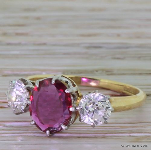 Art Deco 0.93 Carat Ruby & 1.00 Carat Old Cut Diamond Trilogy Ring, Circa 1930
