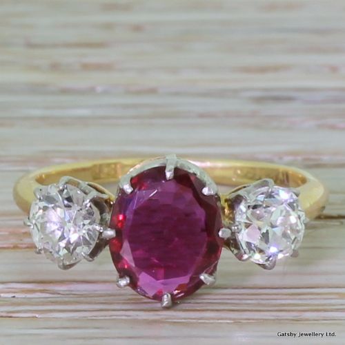 fig 1. Art Deco 0.93 Carat Ruby & 1.00 Carat Old Cut Diamond Trilogy Ring, circa 1930