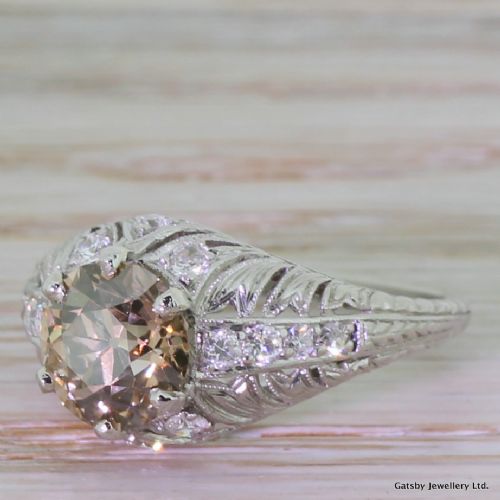 Art Deco 1.59 Carat Fancy Orangy Cognac Old Cut Diamond Engagement Ring, Circa 1935
