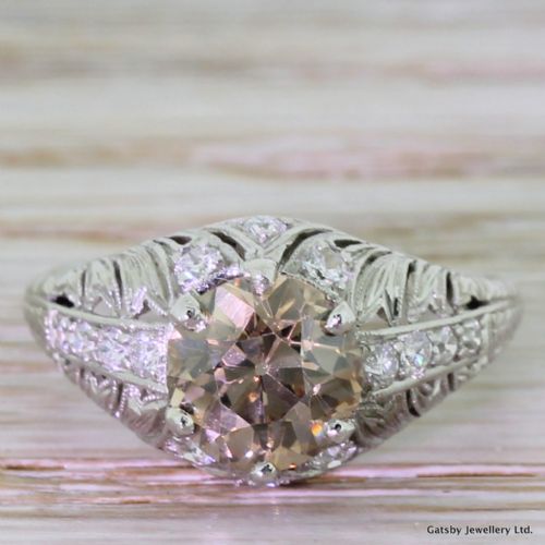 fig 1. Art Deco 1.59 Carat Fancy Orangy Cognac Old Cut Diamond Engagement Ring, circa 1935
