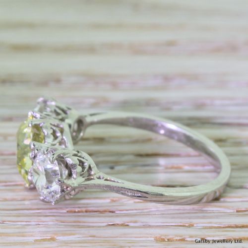 fig 2. Art Deco 3.54 Carat Fancy Greenish Yellow & White Old Cut Diamond Trilogy Ring, circa 1935
