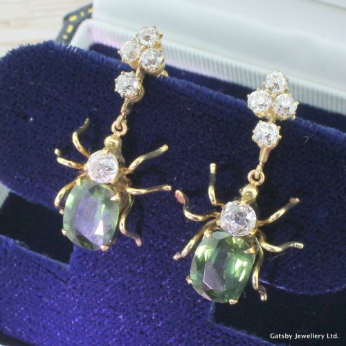 Victorian Green Sapphire & Old Cut Diamond Insect Earrings, Circa 1900
