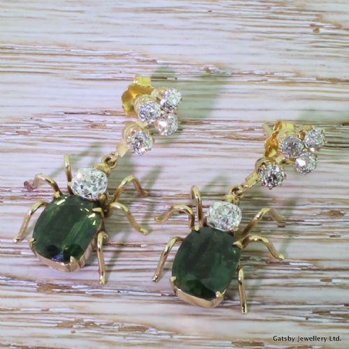 fig 1. Victorian Green Sapphire & Old Cut Diamond Insect Earrings, circa 1900