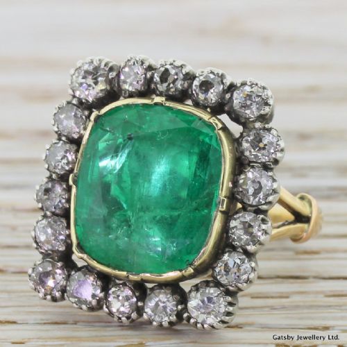 Victorian 6.50 Carat Emerald & 2.70 Carat Old Cut Diamond Ring, Circa 1870
