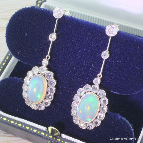 Edwardian Opal & Diamond Drop Earrings, Circa 1910

