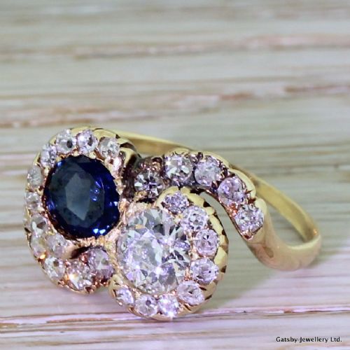 Art Deco Old Cut Diamond & Sapphire Crossover Cluster Ring, Circa 1920
