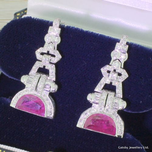 Art Deco 6.00 Carat Half Moon Ruby & Diamond Drop Earrings, Circa 1930
