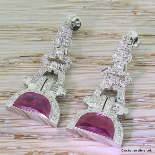 fig 1. Art Deco 6.00 Carat Half Moon Ruby & Diamond Drop Earrings, circa 1930
