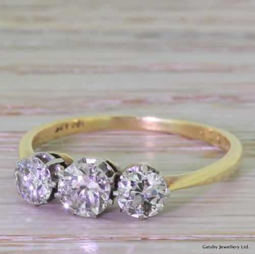 Art Deco 1.30 Carat Old Cut Diamond Trilogy Ring, Circa 1940

