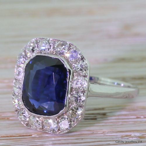 Art Deco 2.50 Carat Emerald Cut Sapphire & Old Cut Diamond Ring, French, Circa 1925
