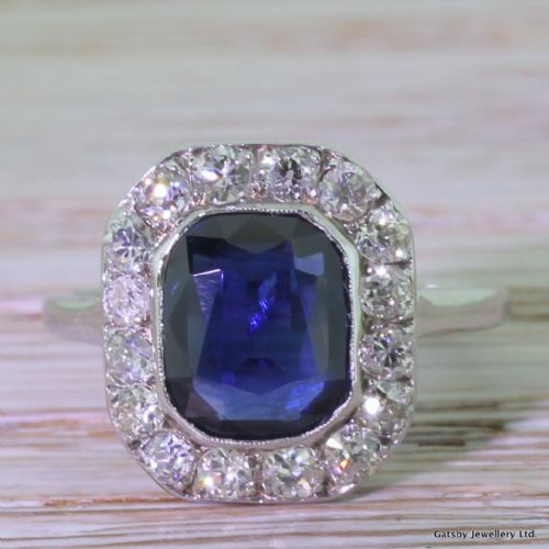 fig 1. Art Deco 2.50 Carat Emerald Cut Sapphire & Old Cut Diamond Ring, French, circa 1925