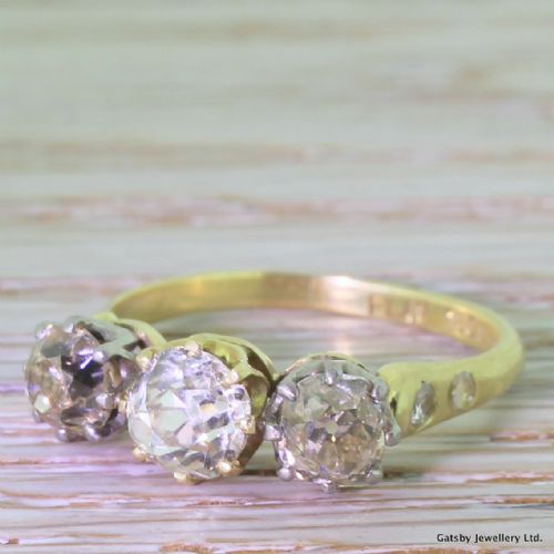 Art Deco 2.93 Carat Fancy Yellow & Cognac Old Cut Diamond Trilogy Ring, Circa 1920
