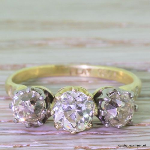 fig 1. Art Deco 2.93 Carat Fancy Yellow & Cognac Old Cut Diamond Trilogy Ring, circa 1920