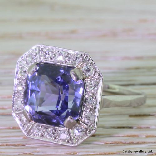 Art Deco 7.50 Carat Octagonal Cut Sapphire & Old Cut Diamond Ring, Circa 1935

