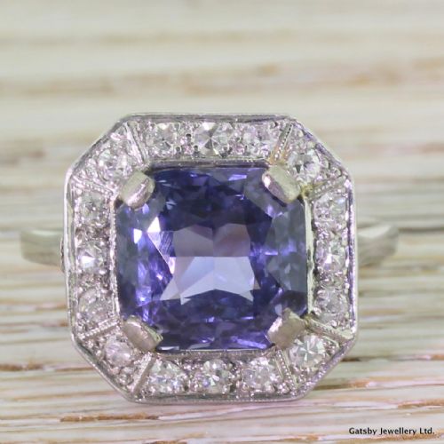 fig 1. Art Deco 7.50 Carat Octagonal Cut Sapphire & Old Cut Diamond Ring, circa 1935