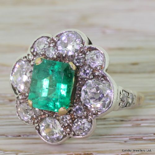 Victorian 2.00 Carat Emerald & 2.75 Carat Old Cut Cluster Ring, Circa 1880
