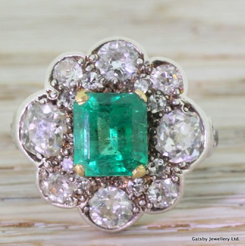 fig 1. Victorian 2.00 Carat Emerald & 2.75 Carat Old Cut Cluster Ring, circa 1880