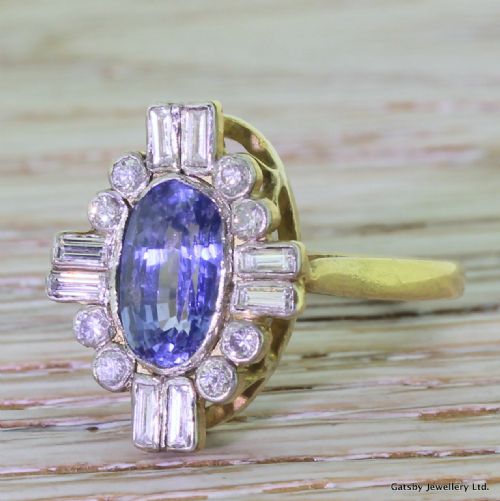 Art Deco 2.93 Carat Sapphire & Baguette Cut Diamond Ring, Circa 1935
