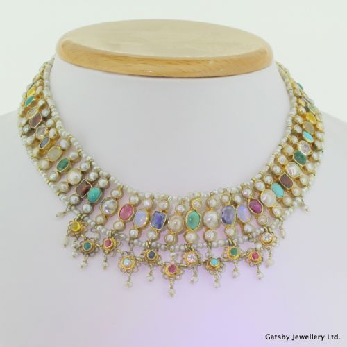 fig 1. Victorian Natural Pearl & Multi Gemstone Three Row Chocker Necklace, circa 1900
