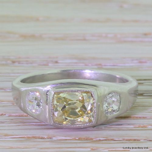 fig 1. Art Deco 1.11 Carat Natural Fancy Yellow Old Cut Diamond Trilogy Ring, French, circa 1920
