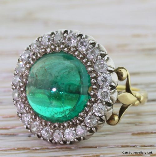 Victorian 5.60 Carat Cabochon Emerald & Old Cut Diamond Ring, Circa 1890
