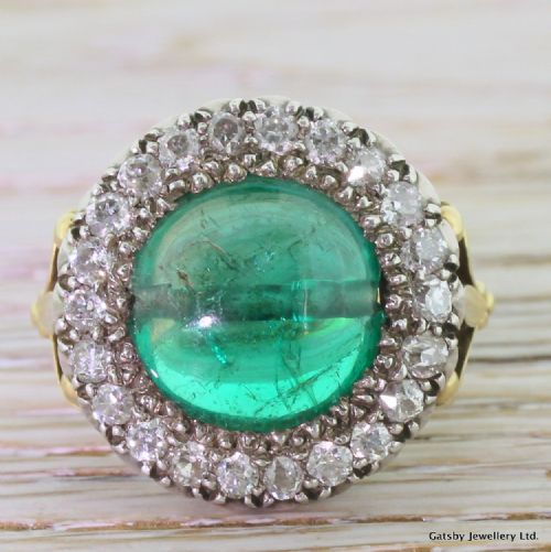 fig 1. Victorian 5.60 Carat Cabochon Emerald & Old Cut Diamond Ring, circa 1890