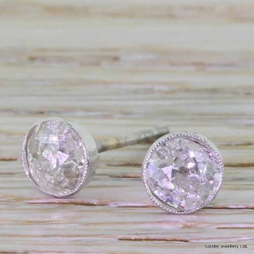 fig 1. Art Deco 1.60 Carat Old Cut Diamond Stud Earrings, circa 1935