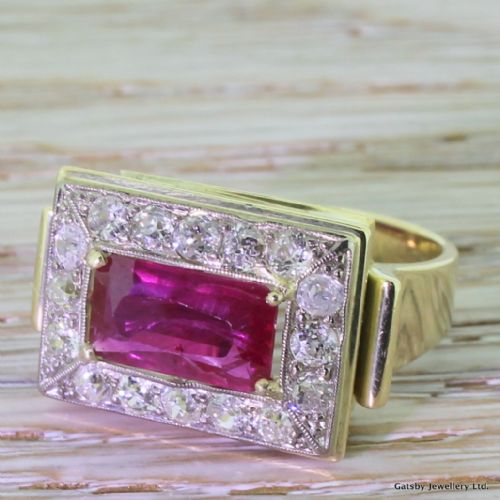 Art Deco 2.50 Carat Ruby & 0.96 Carat Old Cut Diamond Ring, Circa 1935
