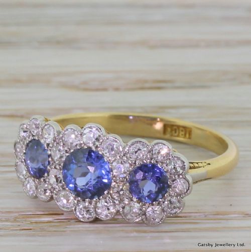 Art Deco Sapphire & Old Cut Diamond Triple Flower Cluster, Circa 1940
