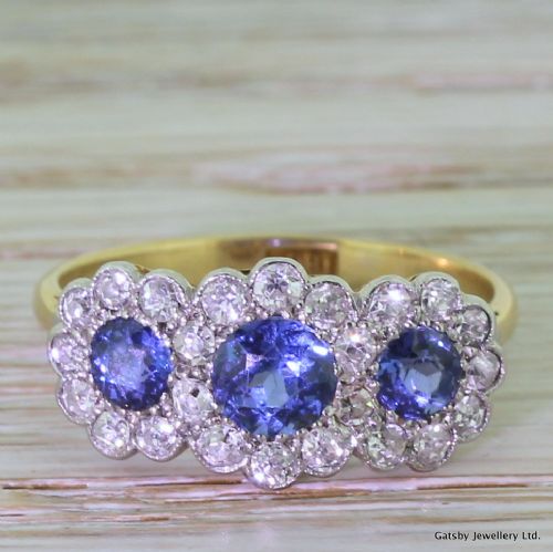 fig 1. Art Deco Sapphire & Old Cut Diamond Triple Flower Cluster, circa 1940
