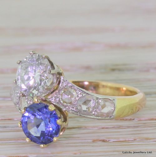 Art Deco 1.00 Carat Diamond & 1.00 Carat Sapphire Crossover Ring, Circa 1940
