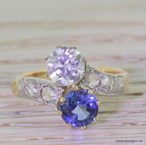 fig 1. Art Deco 1.00 Carat Diamond & 1.00 Carat Sapphire Crossover Ring, circa 1940