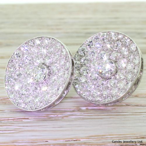 Mid Century 10.07 Carat Transitional Cut Diamond Cluster Earrings, Circa 1950
