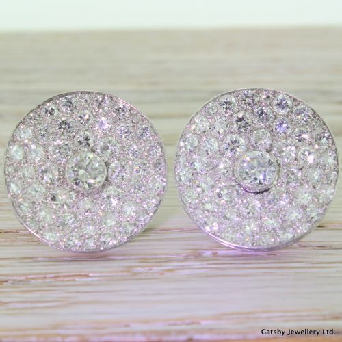 fig 1. Mid Century 10.07 Carat Transitional Cut Diamond Cluster Earrings, circa 1950