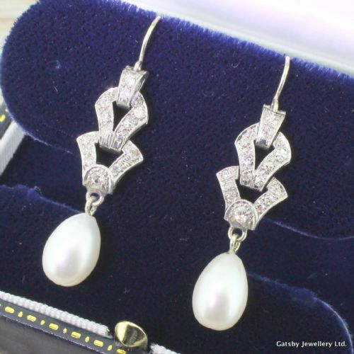 Art Deco Diamond & Pearl Drop Earrings, Circa 1930

