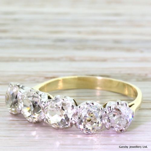 Edwardian 2.70 Carat Old Mine Cut Diamond Five Stone Ring, Circa 1910
