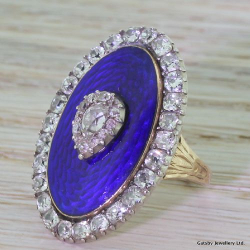 Georgian 2.58 Carat Old Cut Diamond & Blue Enamel Remembrance Ring, Circa 1800
