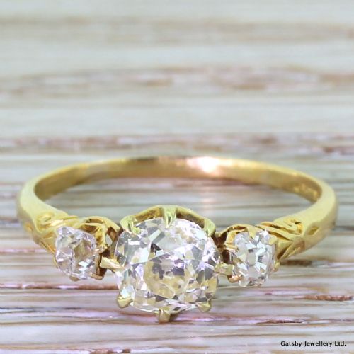 fig 1. Victorian 1.46 Carat Light Yellow & White Old Cut Diamond Trilogy Ring, circa 1900