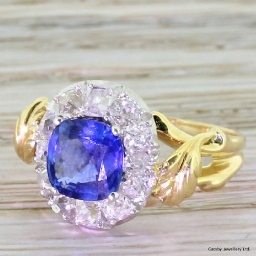 Mid Century 1.35 Carat Sapphire & 0.90 Carat Old Cut Diamond Ring, Circa 1950
