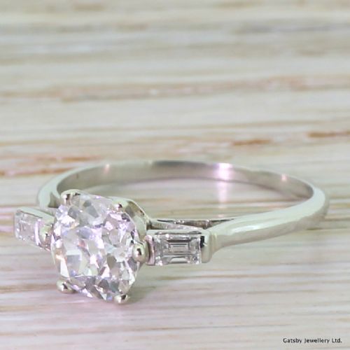 Art Deco 1.00 Carat Old Cut & Baguette Cut Diamond Engagement Ring, Circa 1930
