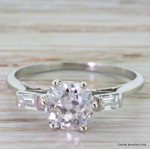 fig 1. Art Deco 1.00 Carat Old Cut & Baguette Cut Diamond Engagement Ring, circa 1930