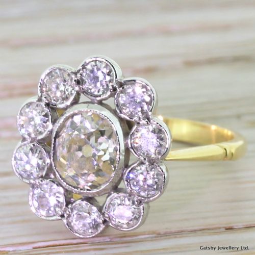 Art Deco 2.00 Carat Old Cut Diamond Oval Cluster Ring, Circa 1925
