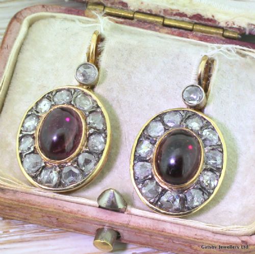 Victorian Cabochon Garnet & Rose Cut Diamond Drop Earrings, Circa 1900
