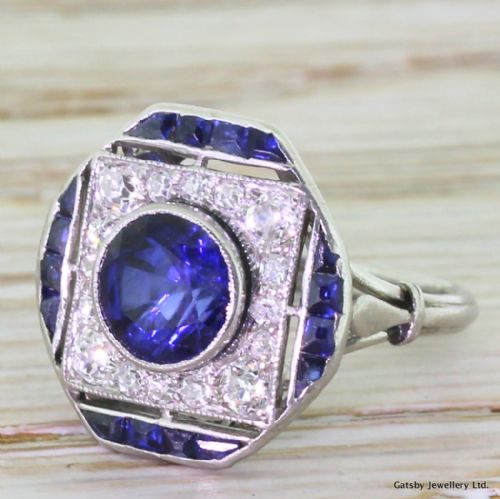 Art Deco Sapphire & Old Cut Diamond Plaque Ring, France, Circa 1915

