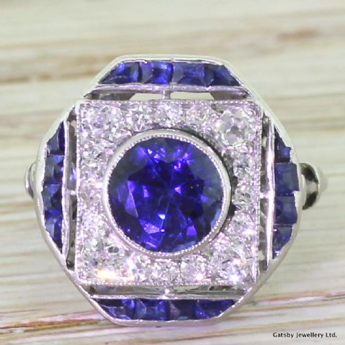fig 1. Art Deco Sapphire & Old Cut Diamond Plaque Ring, France, circa 1915