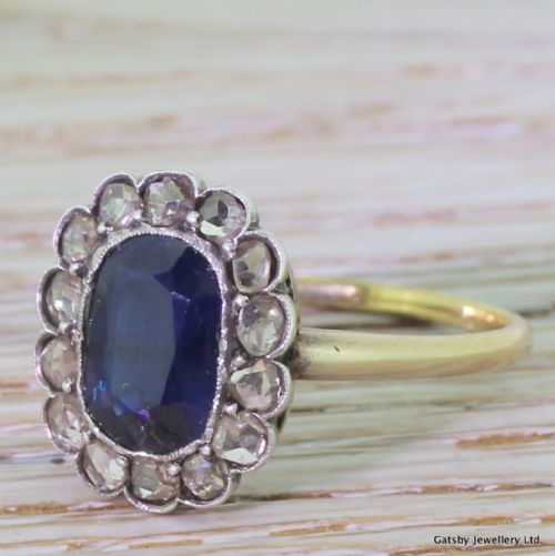 Victorian 2.31 Carat Sapphire & 0.52 Rose Cut Diamond Ring, Circa 1900
