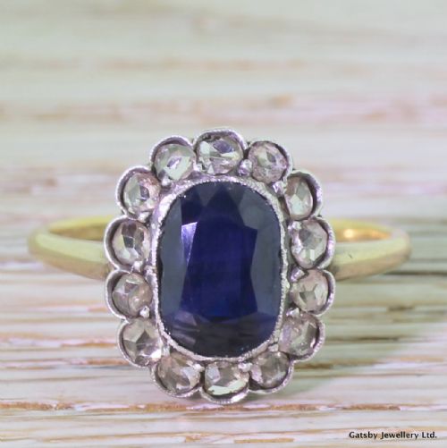 fig 1. Victorian 2.31 Carat Sapphire & 0.52 Rose Cut Diamond Ring, circa 1900