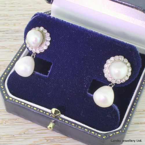 Art Deco Freshwater Pearl & Diamond Drop Earrings, Circa 1935
