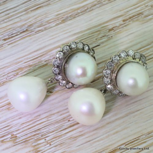 fig 1. Art Deco Freshwater Pearl & Diamond Drop Earrings, circa 1935