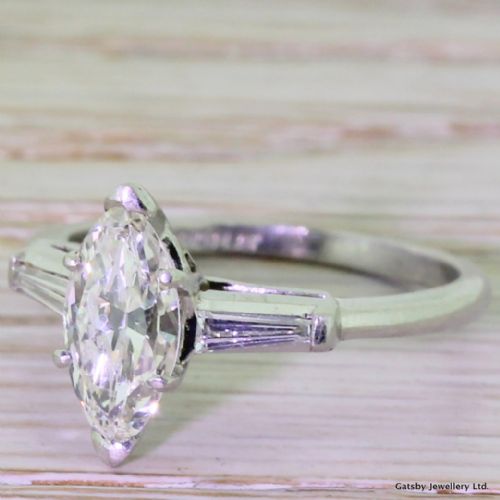 Art Deco 1.00 Carat Marquise Cut Diamond Engagement Ring, Circa 1940

